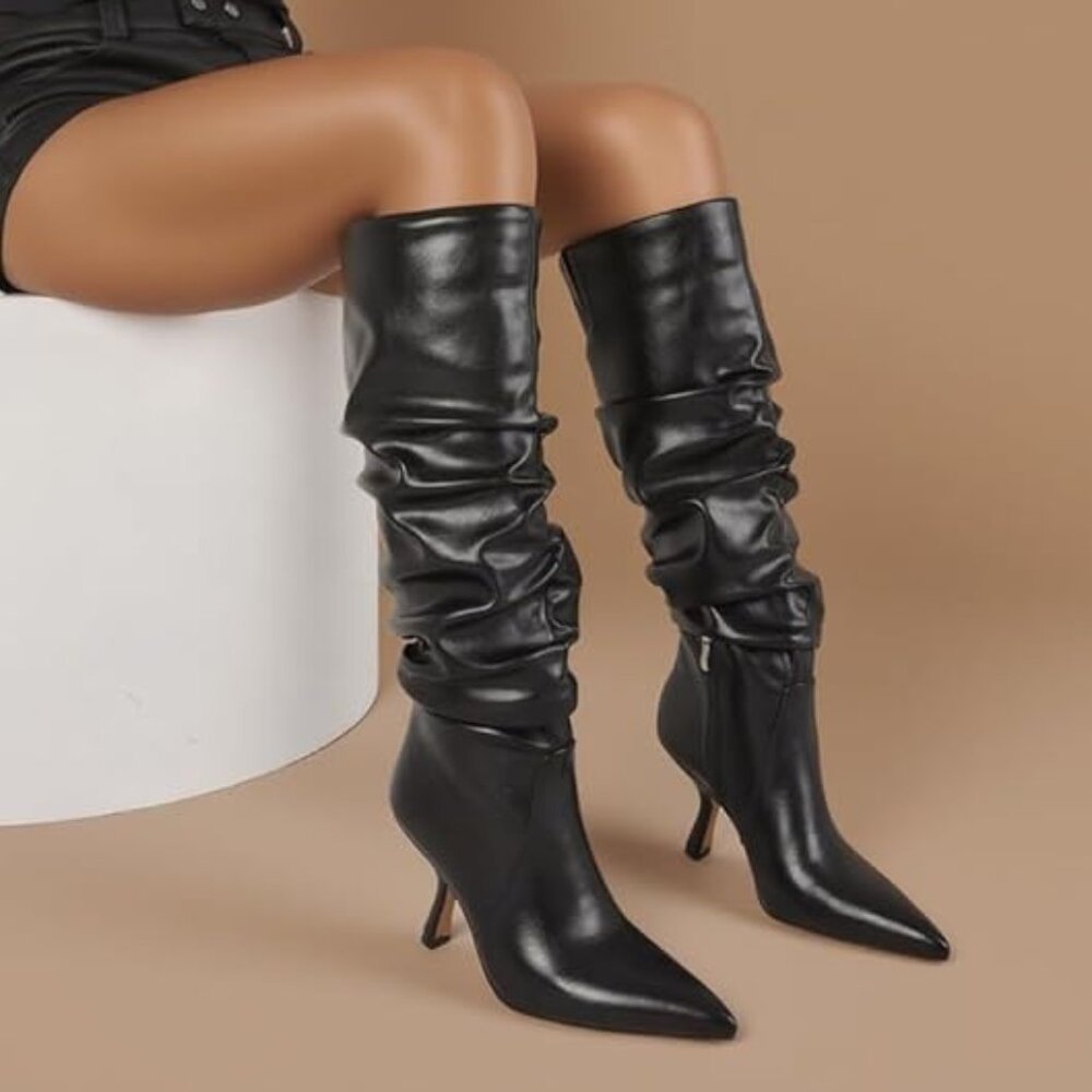 Knee High Boots for Women Wide Calf Slouchy Tall Boot Kitten High Pointed Toe
